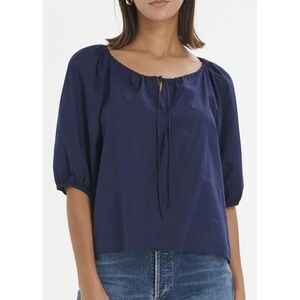 XIRENA Blue Giana Cotton Poplin Blouse Puff Sleeve Tie Neck Minimalist Boho M